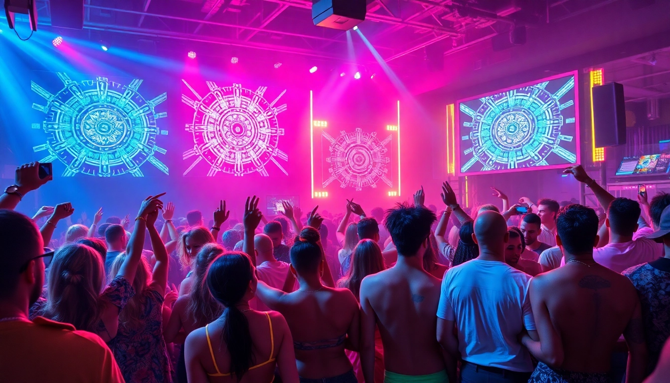 Celebrate a vibrant Miami rave with energetic dancers under colorful lights.