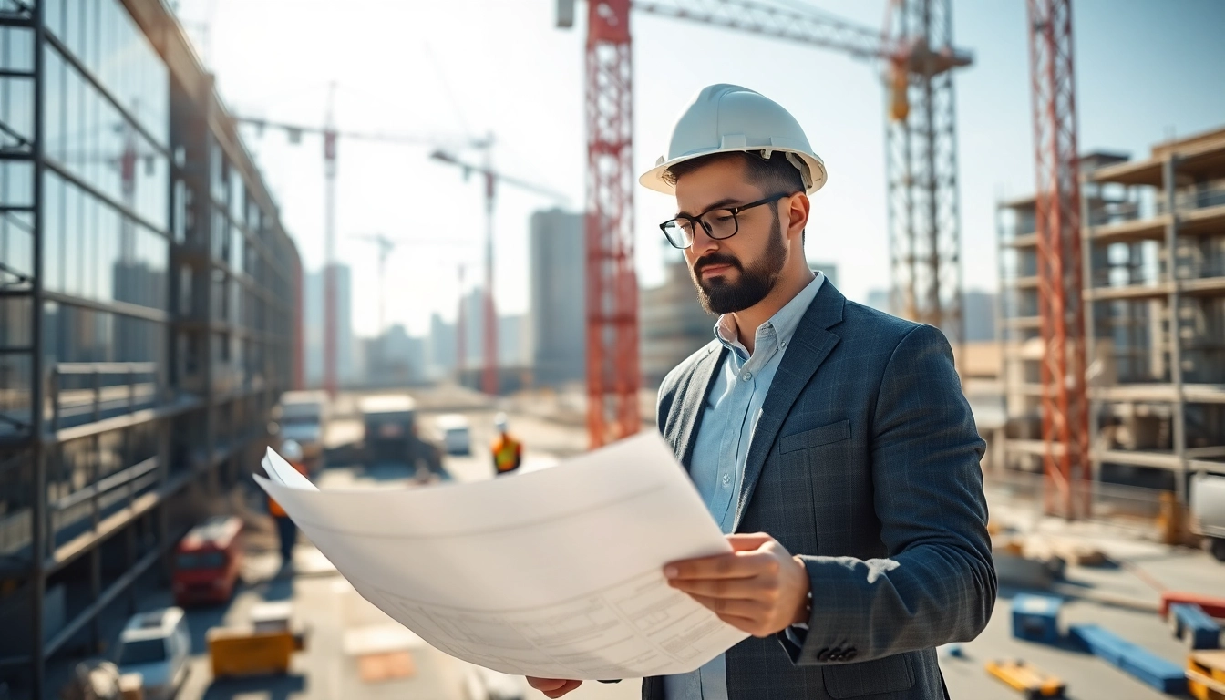 New York Construction Manager examining blueprints amidst a bustling construction site.