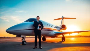 Experience On-Demand Private Jet Rental with a friendly pilot beside a luxurious jet.