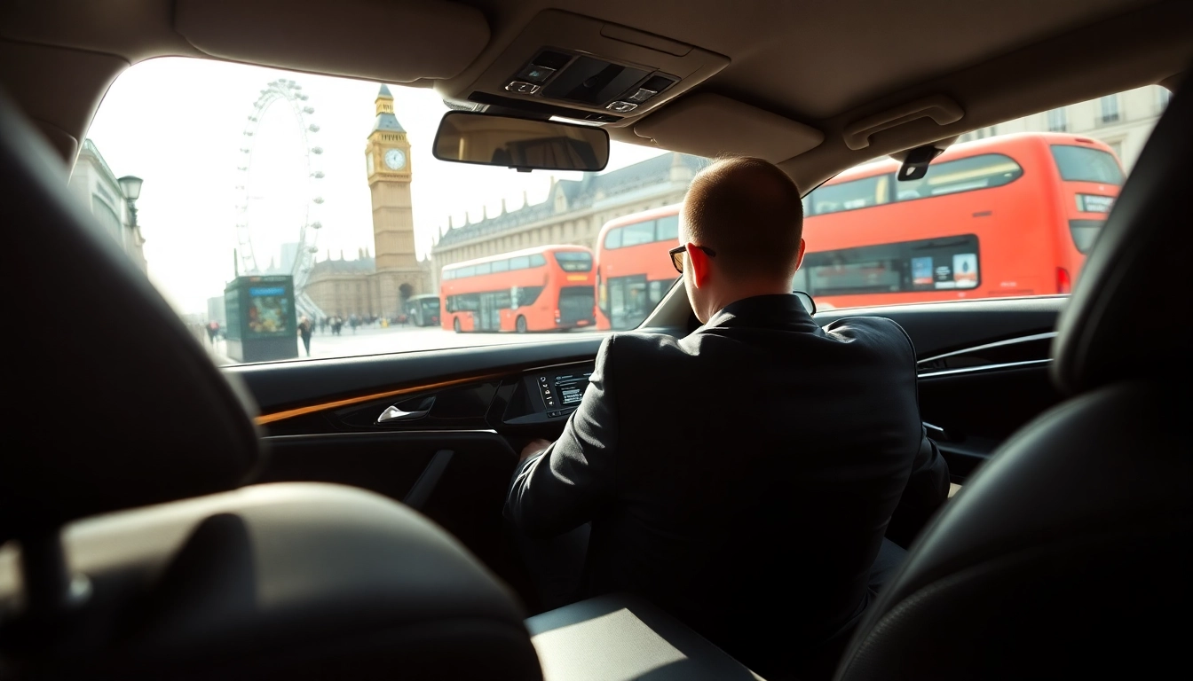 Experience luxury with a professional london chauffeur in a sleek black car amidst London's landmarks.