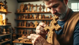 Artisan creating exquisite Olive wood carvings in a warm workshop setting.