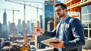 New York Construction Manager overseeing a skyscraper project on a busy urban site.