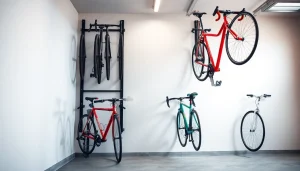 Organized bike wall rack displaying securely mounted bicycles in a stylish garage.