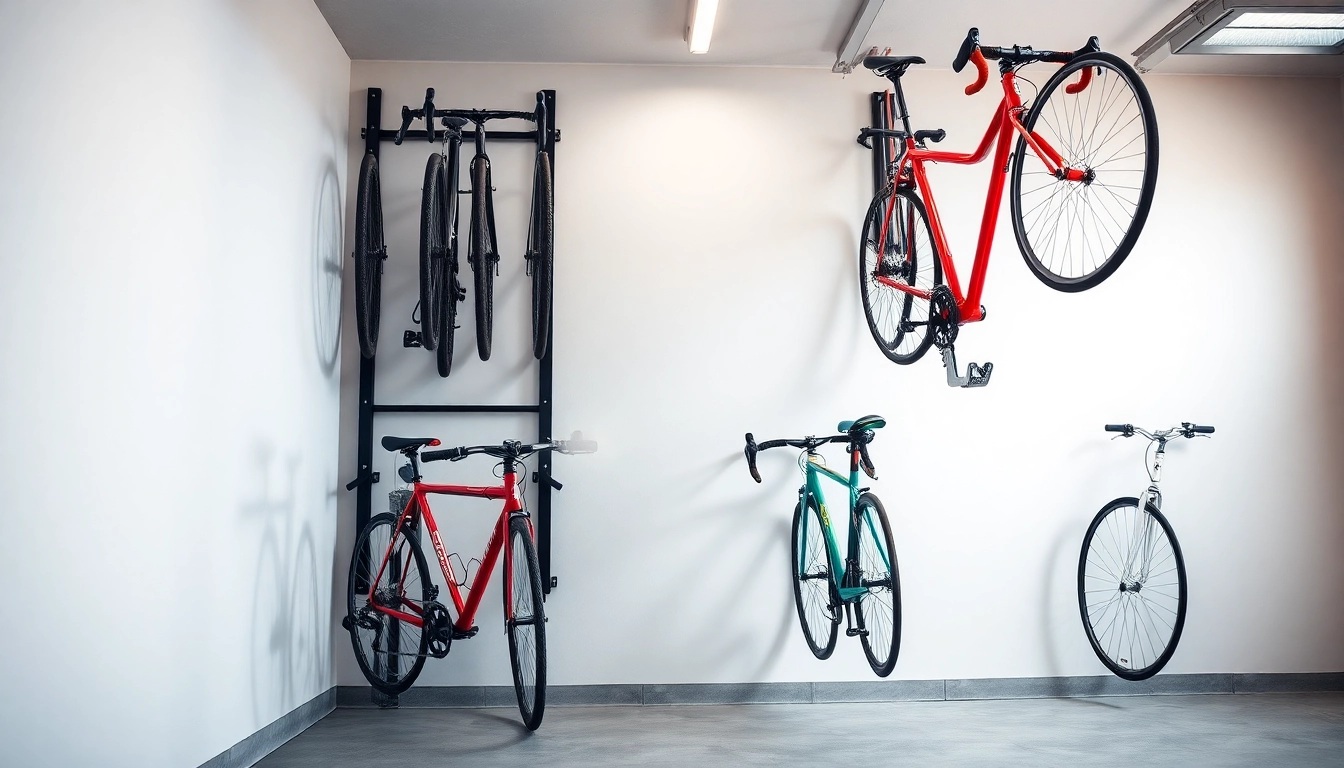 Organized bike wall rack displaying securely mounted bicycles in a stylish garage.