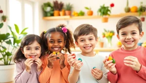 Children joyfully taking kosher multivitamins for kids in a sunny kitchen setting.