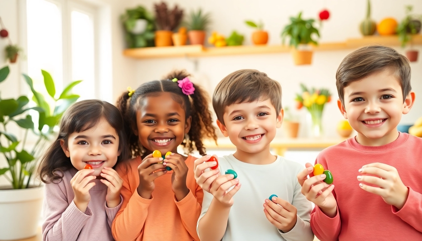 Children joyfully taking kosher multivitamins for kids in a sunny kitchen setting.
