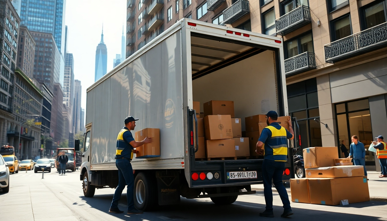 NYC movers efficiently loading boxes into a moving truck in a bustling urban setting.