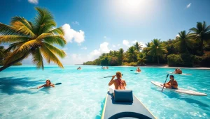 Immersive experience on Harvest Caye Tours Belize with activities near the beach and palm trees.