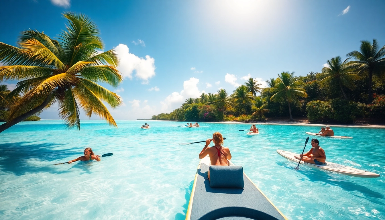 Immersive experience on Harvest Caye Tours Belize with activities near the beach and palm trees.