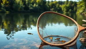 Capturing a fly fishing net in crystal clear water surrounded by lush nature for peaceful fishing.
