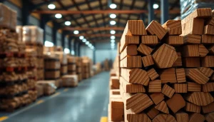 Pini-Kay briquettes supplier showcasing stacked eco-friendly briquettes in a warehouse setting.