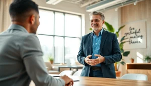 Engaged business coach los Angeles guiding a client in a modern office setting.
