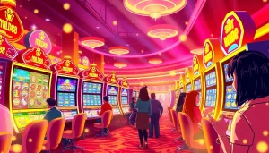 Menampilkan permainan mesin slot mild88 slot dengan pemain yang terlibat di kasino yang ceria.