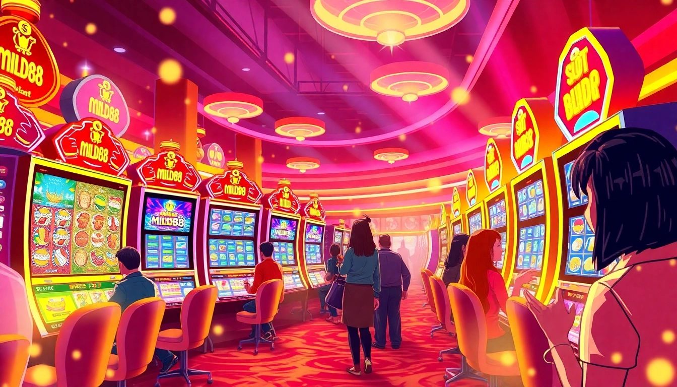 Menampilkan permainan mesin slot mild88 slot dengan pemain yang terlibat di kasino yang ceria.