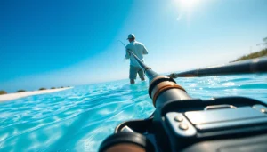 Angler enjoying saltwater fly fishing on a sunlit flat with fishing gear.