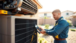 Maintain scottsdale ac units with expert HVAC technician performing service in sunny environment.