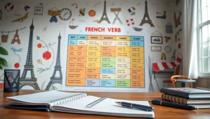 Engaging illustration of French verbs with conjugation forms and cultural symbols.
