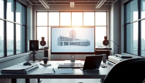 3d visualisierung in einem modernen Studio mit einem futuristischen Gebäudemodell.